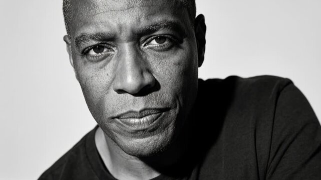 Reacting to camera cue, man blinking leaning and focusing in studio with studio lighting, black tee