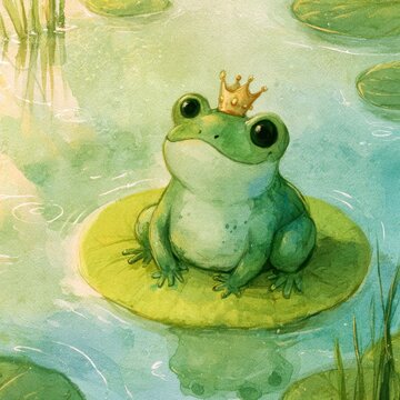 Playful frog prince on a lily pad beside a calm water scene, magical illustration