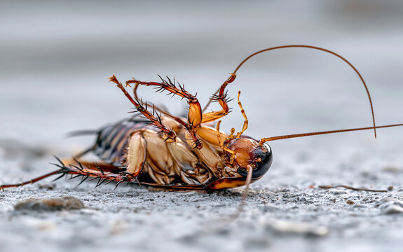 A dying cockroach lying on its back. Cockroach poison actively moves its claws. Cockroach killer.