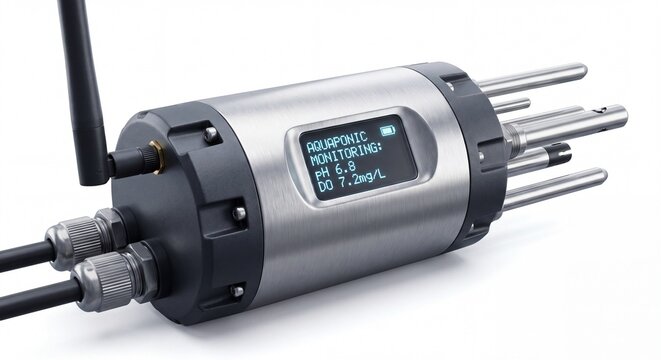 A high-tech stainless steel sensor probe with a digital display for monitoring liquid parameters.