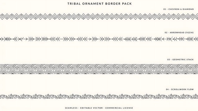 Set of four seamless tribal ornament borders with geometric patterns isolated on a transparent background