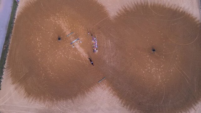 Aerial Top-Down View of Horse Riding Arena and Equestrian Show Jumping