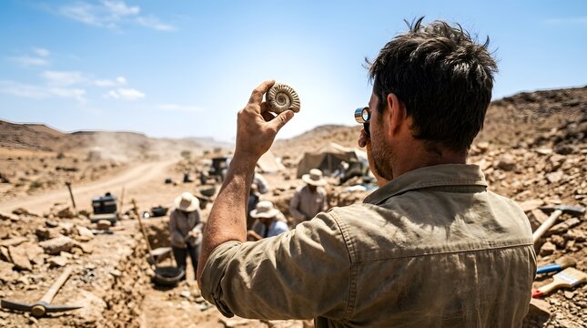 Researcher examines a spiral fossil shell under the intense bright glare of a desert sun while working at a remote archaeological site.
