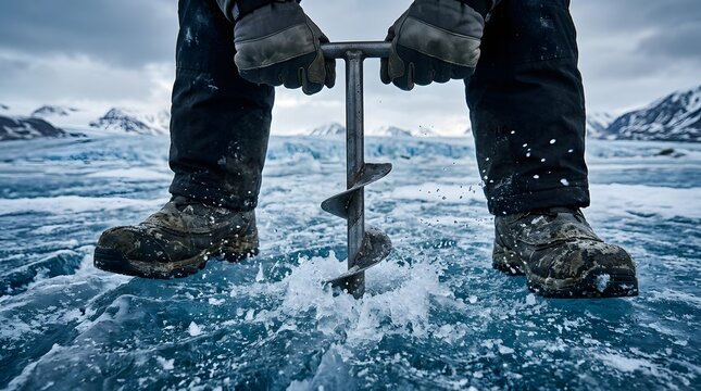 Glaciologist operates a heavy metal ice auger to drill into the thick blue surface of a frozen arctic glacier.