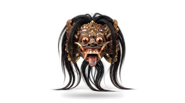 Traditional Balinese Barong mask with black hair on white background.