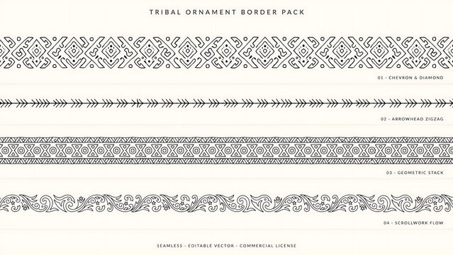 Set of four seamless tribal ornament borders with geometric patterns isolated on a transparent background