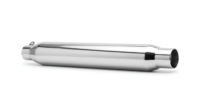 Chrome motorcycle exhaust muffler pipe isolated on white background.