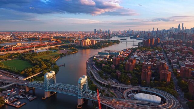 View on the Harlem River Lift Span, a key component of the larger Robert F. Kennedy Bridge complex. Revealing scenery on New York City, USA at sunset time.