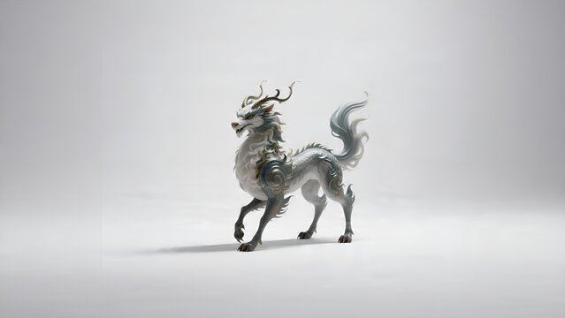 Elegant silver Qilin mythical creature sculpture on a plain background.