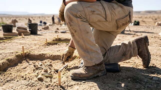 Archaeologist kneels in a sun-drenched desert excavation site while using a small hand tool to carefully brush away dust from a potential historical discovery.