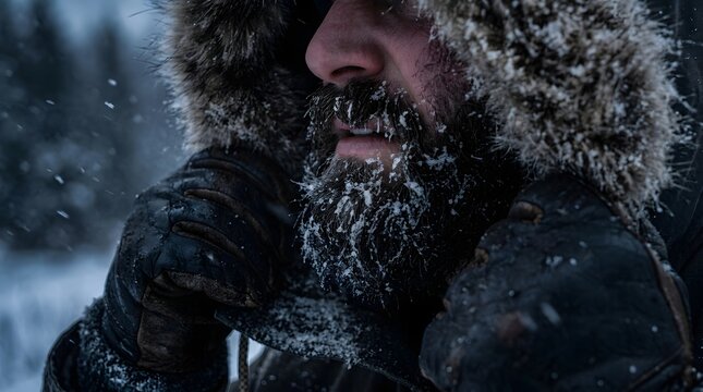 Man with a frost-covered beard stands in the freezing wilderness while wearing a thick, fur-lined parka hood during a harsh winter blizzard.
