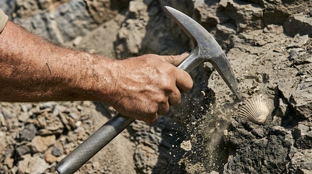 Geologist holds a steel rock hammer while excavating a spiral fossil embedded within the dry, crumbly earth of a sun-drenched sedimentary cliffside.