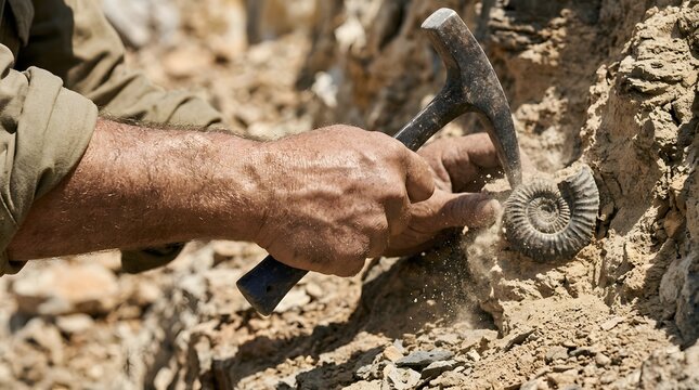 Paleontologist uses a geological hammer to carefully extract a coiled ammonite fossil from the rough, textured limestone cliff face under bright natural sunlight.