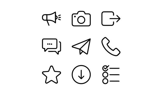 Set of black outline icons representing communication media and tools with media symbols interface elements social icons web symbols app design linear icons vector set UI elements
