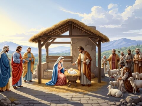 Nativity scene with mary, joseph, and jesus in a manger surrounded by shepherds and villagers in a rural landscape with mountains