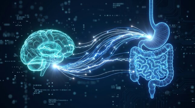 Digital illustration representing the gut brain axis connection showing human brain and digestive system linked by neural pathways on a dark background