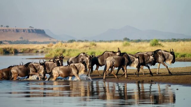 Crossing herd of wildebeest following lead animals stepping onto sandbar, moving toward riverbank