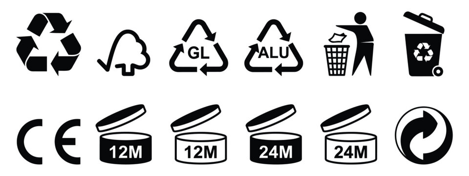 Recycling and packaging symbol set featuring material codes, eco labels, disposal signs, and sustainability marks.