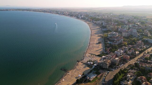 Aerial View of Sunny Beach Bay, Coastline, Hotels, and Black Sea, Bulgaria