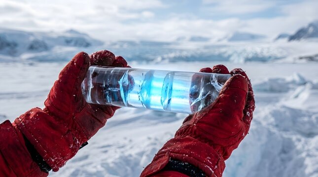 Scientist examines a clear ice core sample reflecting the intense blue light of a polar winter day.