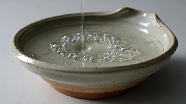 Pouring vertical stream hitting ceramic bowl on tabletop forming ripples and bubbles for study