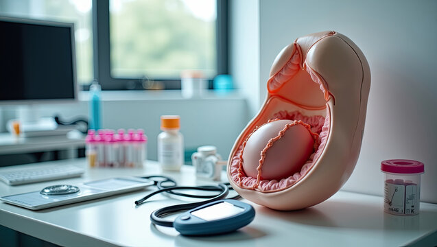 Anatomical medical model of a fetus in the womb displayed on a doctor desk