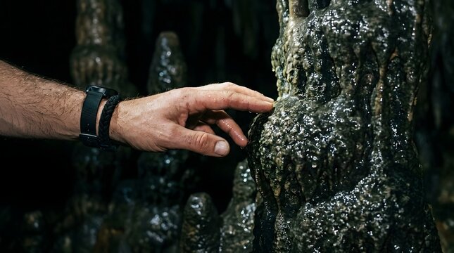 Hand of an explorer reaching out to touch the wet surface of a cave stalagmite.