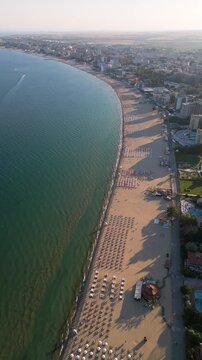 Aerial View of Sunny Beach Bay, Coastline, Hotels, and Black Sea, Bulgaria