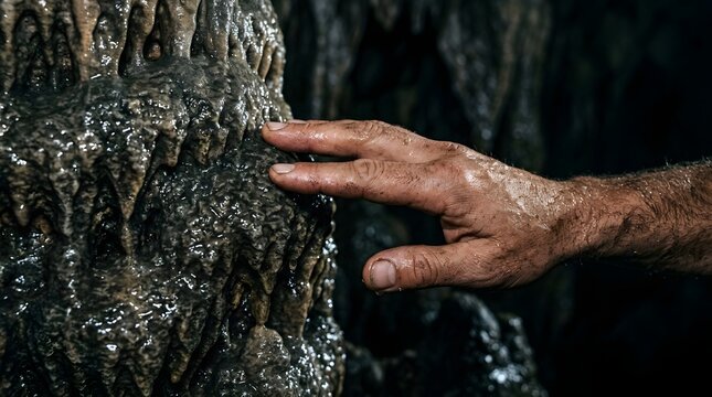 Glistening stalagmite column touched by a hand inside a dark underground cavern.
