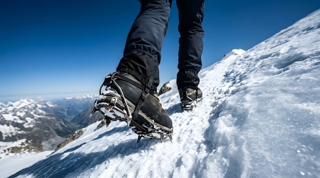 Adventurer's sturdy boots, fitted with sharp crampons, diligently ascend a pristine snowy mountain path, leaving footprints under a clear blue sky with distant peaks.