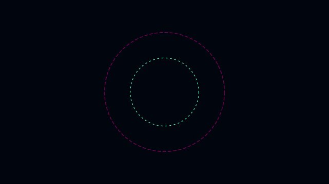 Abstract neon orbiting rings motion with rotating dashed circles on dark animation 4k background, motion neon