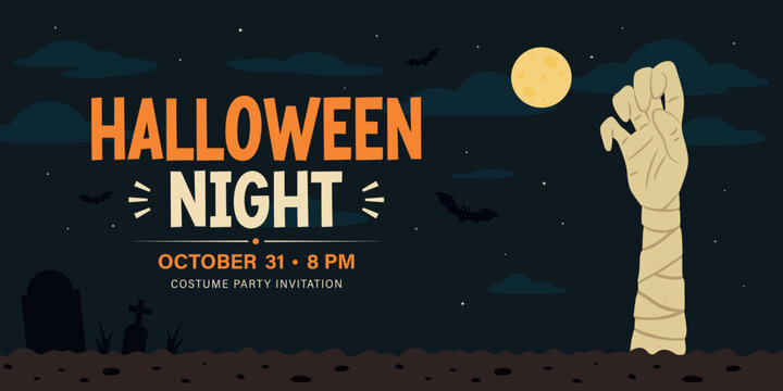 Halloween Night Party Invitation, Vector Illustration. Cartoon Spooky Poster with Zombie Hand, Moon, Bats, Graveyard. Halloween Event Vector Illustration