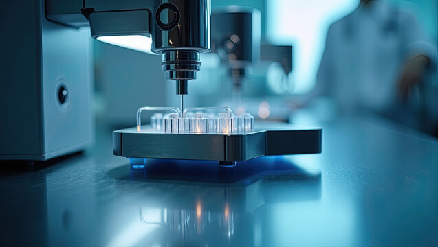 Automated laboratory equipment conducting precise chemical analysis in a controlled high tech medical research facility environment