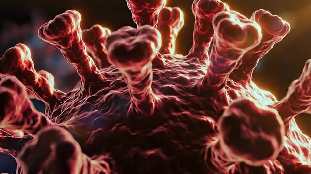 Virus particle rotating close-up with backlight outlining surface spikes for infection research, pathogen visualization, healthcare education, outbreak reporting, and medical science media use.