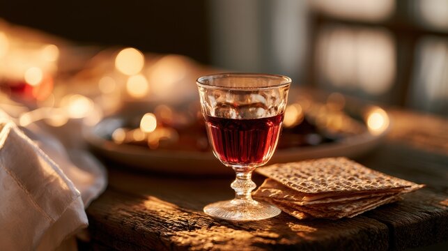 Warm Passover table still life with a kiddush cup, matzah, and candlelight