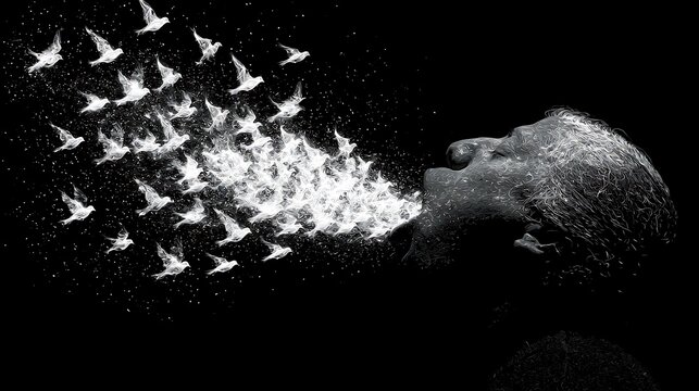 453. A conceptual art depicting the 'Repressed Voice'. A person opening a heavy, iron trapdoor inside their own throat, allowing a long-trapped flock of glowing, spectral birds to soar out into 