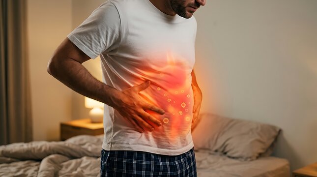 Man holding stomach with glowing abdominal area indicating severe digestive pain or internal organ distress for medical education and healthcare diagnostic awareness photography concepts