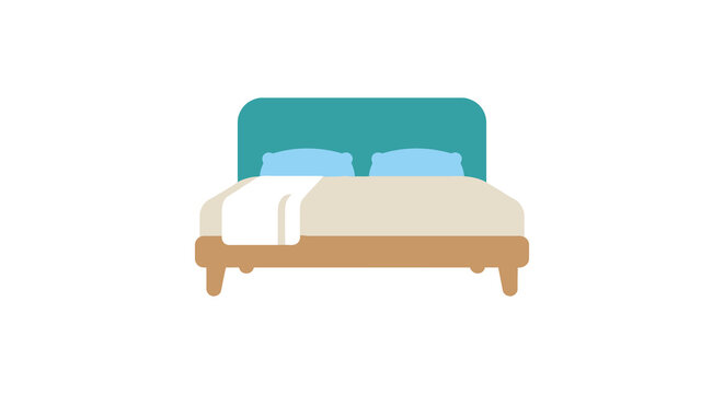 Flat vector illustration of a teal headboard bed with pillows and white bedding