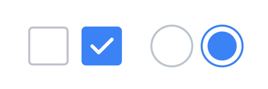 Checkbox and radio button icon set with selected and unselected states. Blue colored selection controls for web forms, surveys and settings interface