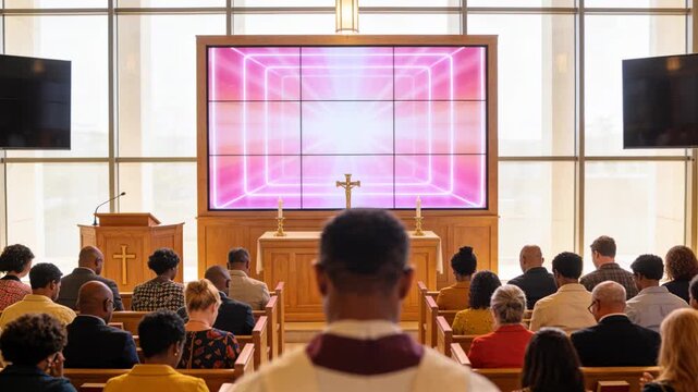 Standing clergy in robe leading service in church, screen shifting colors causing people watching
