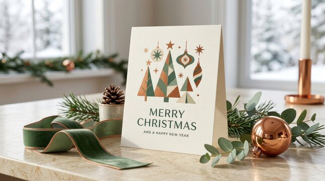 Christmas greeting card with geometric tree design and festive ornaments on a table with holiday decorations