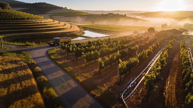 Descending drone revealing tractor driving along dirt road past terraced vineyard and pond, mist