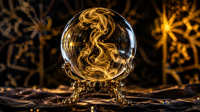 A crystal ball with swirling golden smoke rests on an ornate golden stand