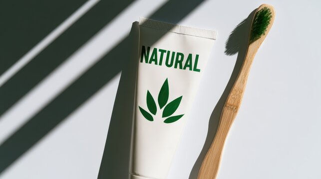 Natural toothpaste tube and bamboo toothbrush for sustainable oral hygiene flat lay.