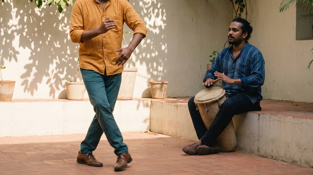 Performer practices hand-drum beats in a vibrant Carnival courtyard