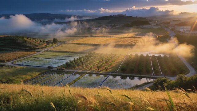 Sunlight breaking clouds causing mist lifting over farm valley on grassy ridge, with rice paddies