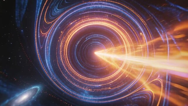 Entering triangular beam from left piercing glowing orange ring vortex in space, forming tunnel