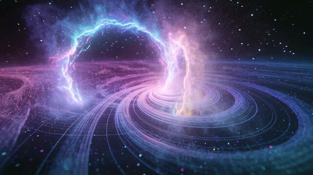 Left vortex ejecting jet, rising arch linking pink, teal vortexes, connecting funnels in space
