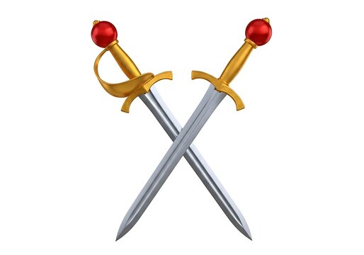 Two crossed vintage metal swords with gold handles and red gems