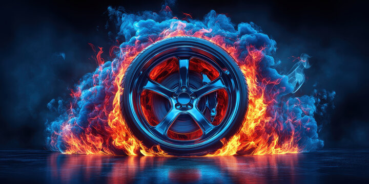 Automotive alloy wheel engulfed in vibrant orange flames and blue smoke, dynamic high-performance vehicle component, concept for speed power and intense racing energy
